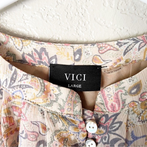 VICI Paisley Floral Button Front Cropped Balloon Sleeve Blouse L Bohemian Boho - Picture 7 of 10